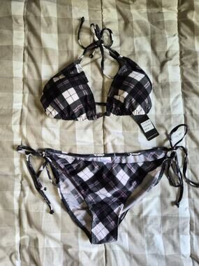 Size L NWT Black Plaid Bikini Set Halter Triangle Padded Top Adjustable Ties